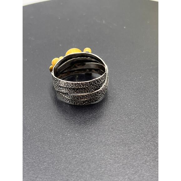 Artisan Pebbled Sterling Silver‎ and Brass 6mm Opal Cabochon Floral Ring Sz 9 - Picture 8 of 11